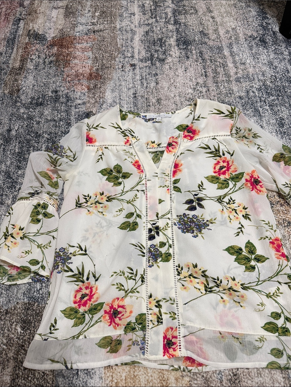 Fever White Floral V-Neck Blouse with Green Leaves and Pink Flowers